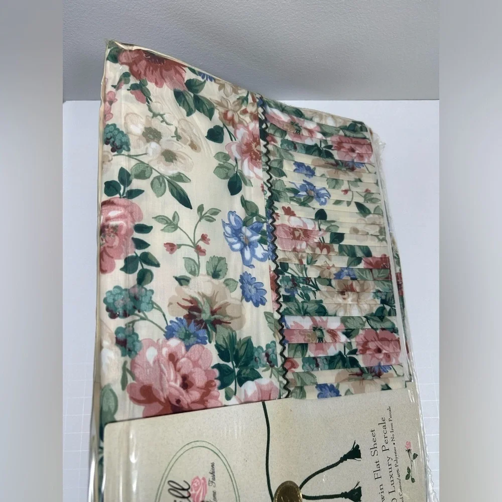 Vintage CROSCILL Floral Twin Flat & Fitted Sheet Ruffle Set 200 Luxury Percale
